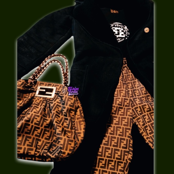 Fendi Vintage Shearling Black Zucca ‘FF’ Monogram Logo Long Trench Coat